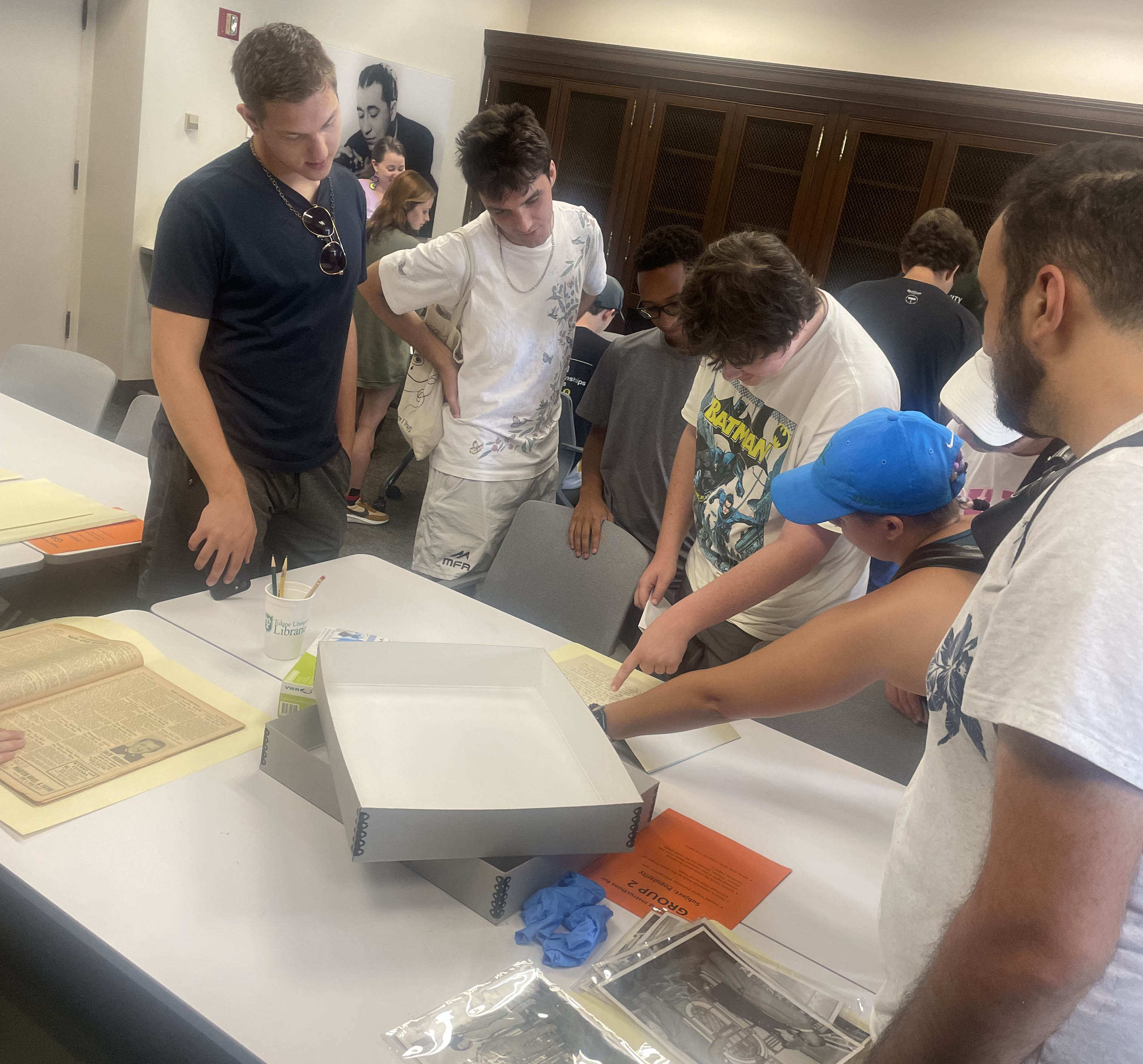 Tulane Bands students view archival materials from the Louis Prima papers during a workshop in the Louis Prima Room, the instruction classroom of Tulane University Special Collections. Photo by Melissa A. Weber, August 2024.