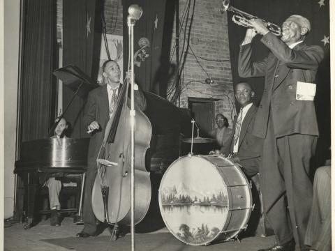 Don Ewell, seated at piano, plays with trumpeter Bunk Johnson and his band, unidentified date and location, photographer: Ward Silver; Don Ewell collection, HJA-005, Tulane University Special Collections, New Orleans, LA.